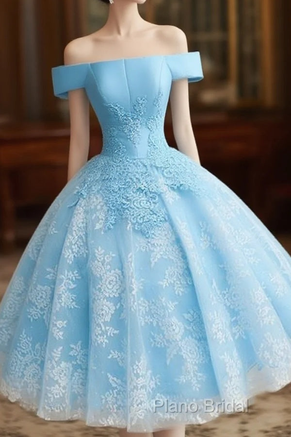 Light Blue Lace And Satin Short Party Dresses, Blue Homecoming Dresses Main image