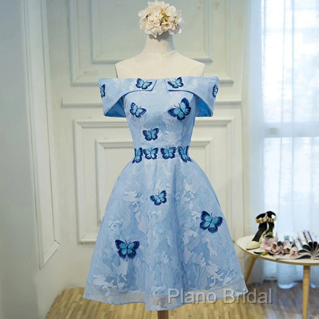 Light Blue Lace With Butterflies Short Homecoming Dresses, Blue Formal Prom Dresses