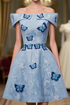 Light Blue Lace With Butterflies Short Homecoming Dresses, Blue Formal Prom Dresses