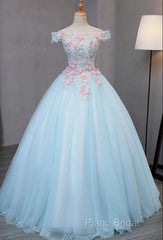 Light Blue Long Floral Tulle Sweet 16 Dresses, Quinceanera Dresses
