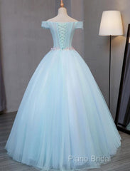 Light Blue Long Floral Tulle Sweet 16 Dresses, Quinceanera Dresses