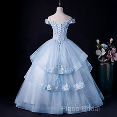 Light Blue Off Shoulder Lace Applique Ball Gown Formal Dresses, Blue Sweet 16 Gown