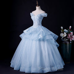 Light Blue Off Shoulder Lace Applique Ball Gown Formal Dresses, Blue Sweet 16 Gown