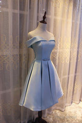 Light Blue Off Shoulder Satin Bridesmaid Dress, Blue Short Formal Dress