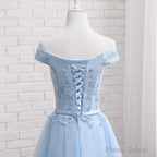 Light Blue Off Shoulder Tulle Party Dress, Blue Homecoming Dresses