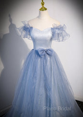 Light Blue Off Shoulder Tulle Sweetheart Formal Dresses, Light Blue A-Line Formal Prom Dresses