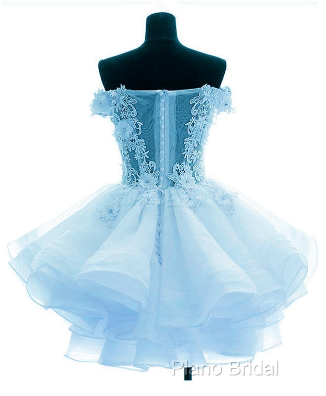 Light Blue Organza With Flower And Lace Short Party Dresses, Blue Homecoming Dresses