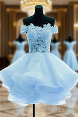 Light Blue Organza With Flower And Lace Short Party Dresses, Blue Homecoming Dresses