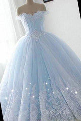 Light Blue Princess Ball Gown Sweet 16 Gown, Tulle Formal Dresses With Lace Applique