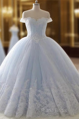 Light Blue Princess Ball Gown Sweet 16 Gown, Tulle Formal Dresses With Lace Applique