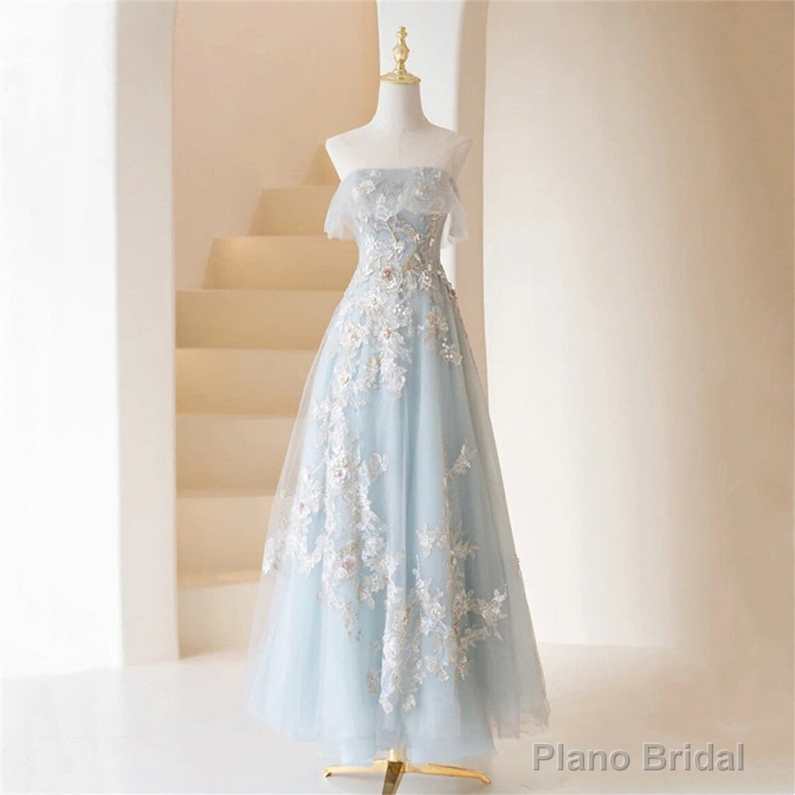 Light Blue Prom Dresses Fairy,Long Blue Tulle Floral Appliques Formal Dresses Secondary image