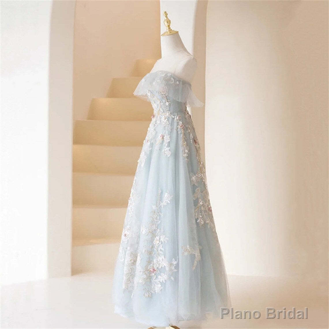 Light Blue Prom Dresses Fairy,Long Blue Tulle Floral Appliques Formal Dresses Main image