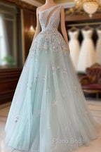 Light Blue Formal Prom Dresses One Shoulder Sequin Lace