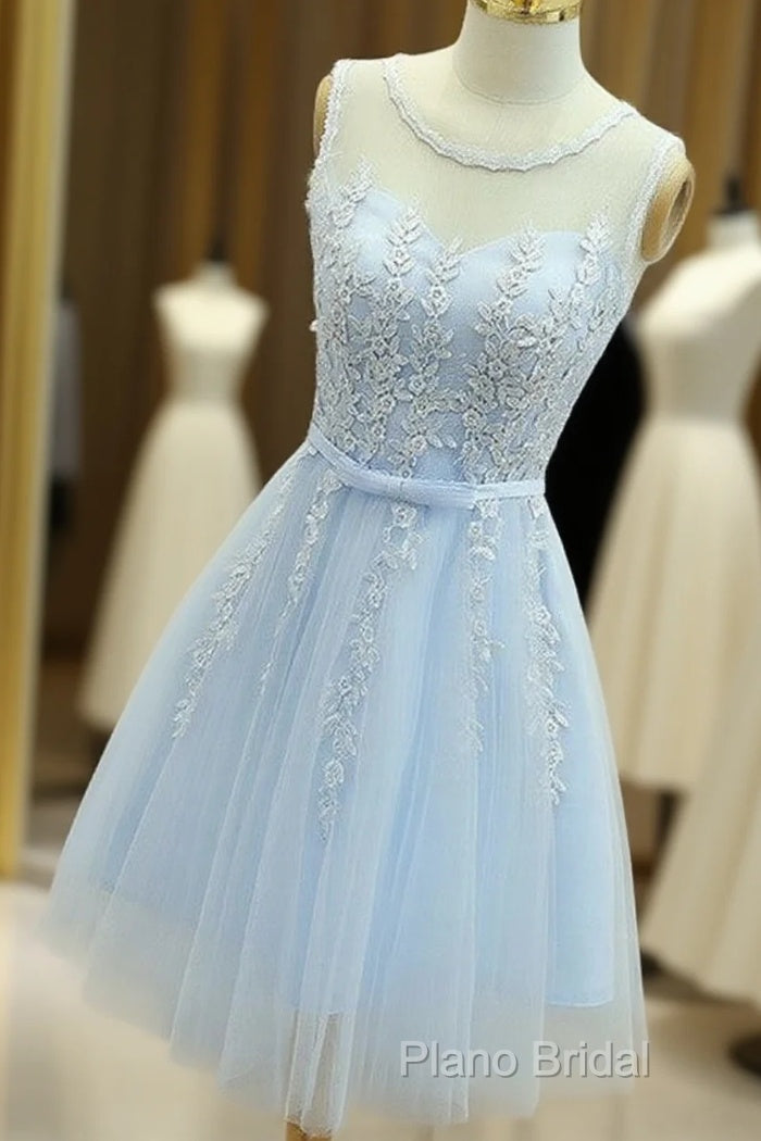 Light Blue Round Neckline Short Pretty Homecoming Dresses, Light Blue Wedding Party Dresses Main image