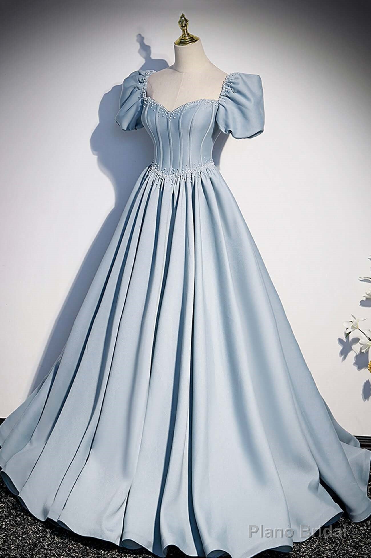 Light Blue Satin Long Prom Dress,A-Line Short Sleeve Evening Dresses Secondary image