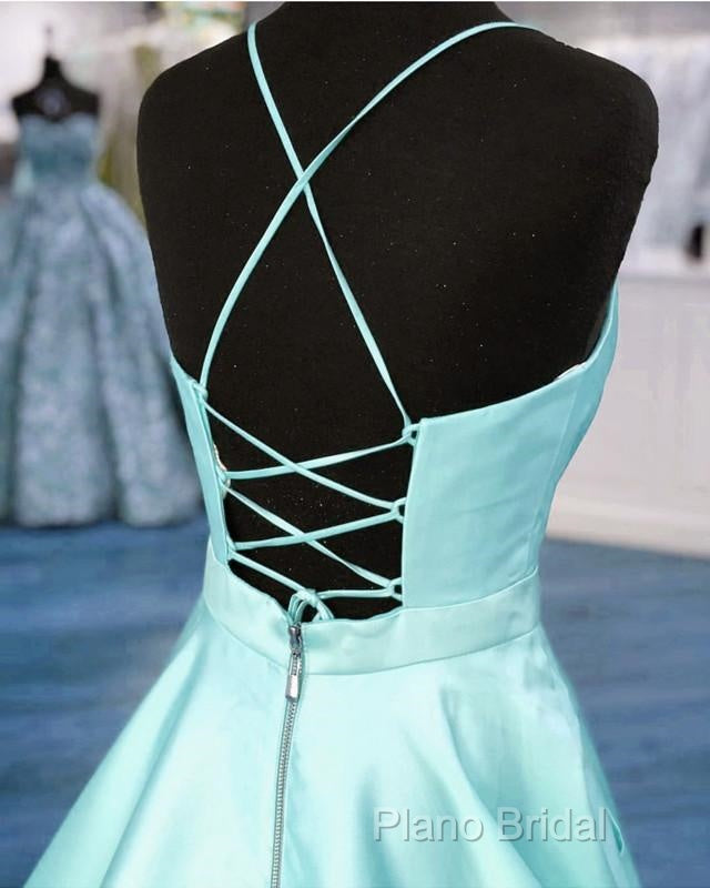 Light Blue Satin V-Neck Cross Back Formal Prom Dresses Secondary image