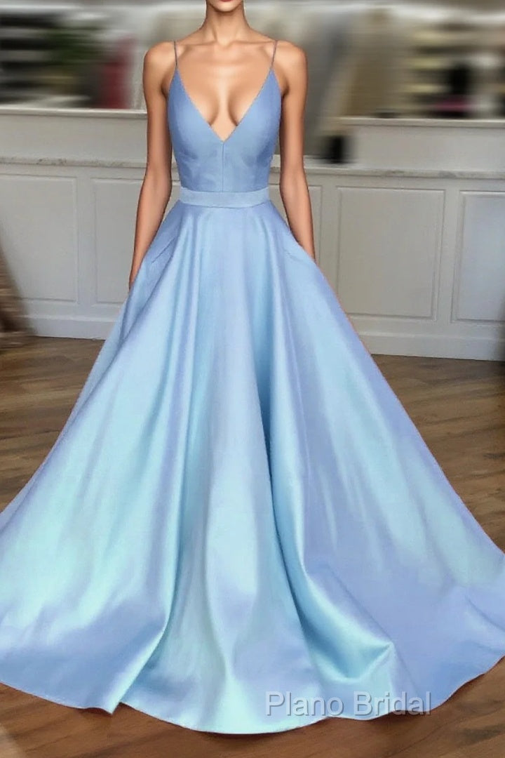 Light Blue Satin V-Neck Cross Back Formal Prom Dresses Main image
