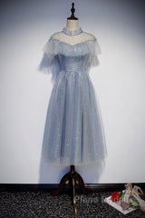 Light Blue Shiny Tulle High Neckline Homecoming Dresses Party Dresses, Blue Short Formal Prom Dresses