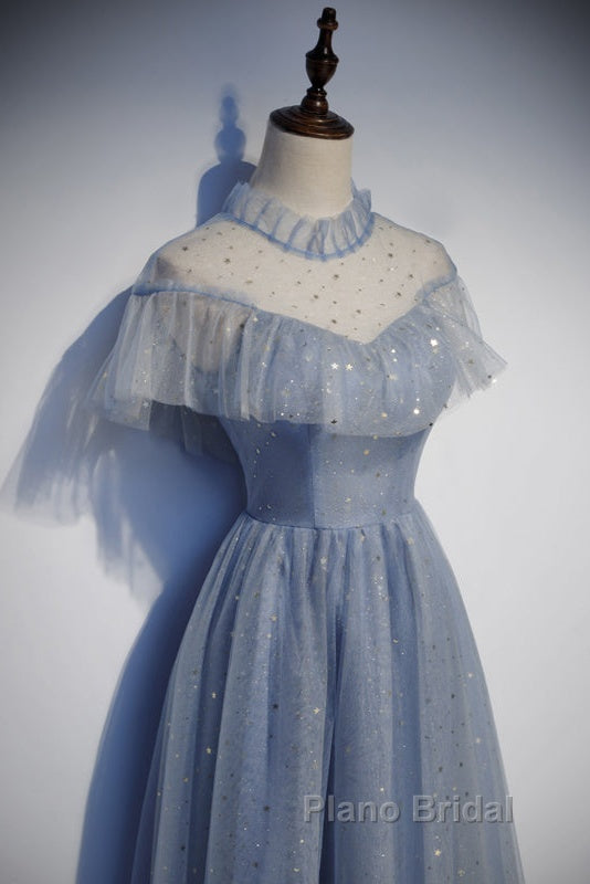 Light Blue Shiny Tulle High Neckline Homecoming Dresses Party Dresses, Blue Short Formal Prom Dresses