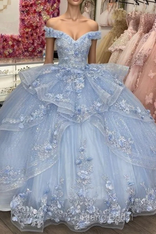Light Blue Sparkly Off The Shoulder Appliques Formal Prom Dresses Quincea?Era Dresses Sweet 16 Formal Prom Dresses Ball Gown