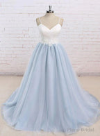 Light Blue Tulle and White Top Long Wedding Party Gowns, Straps Junior Prom Dress