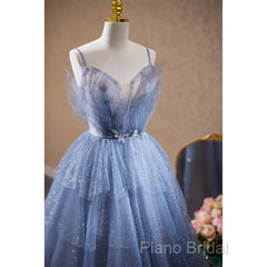 Light Blue Tulle Beaded Long Formal Dresses, Light Blue Shiny Tulle Formal Dresses Formal Prom Dresses