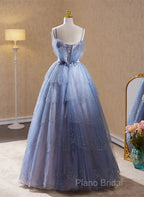 Light Blue Tulle Beaded Long Formal Dresses, Light Blue Shiny Tulle Formal Dresses Formal Prom Dresses