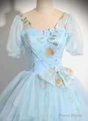 Light Blue Tulle Floor Length Prom Dress, Beautiful Short Sleeves Sweet 16 Dress