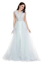 Light Blue Tulle Sequins Appliques Cap Sleeve Prom Dresses
