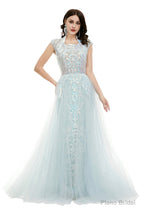 Light Blue Tulle Sequins Appliques Cap Sleeve Prom Dresses