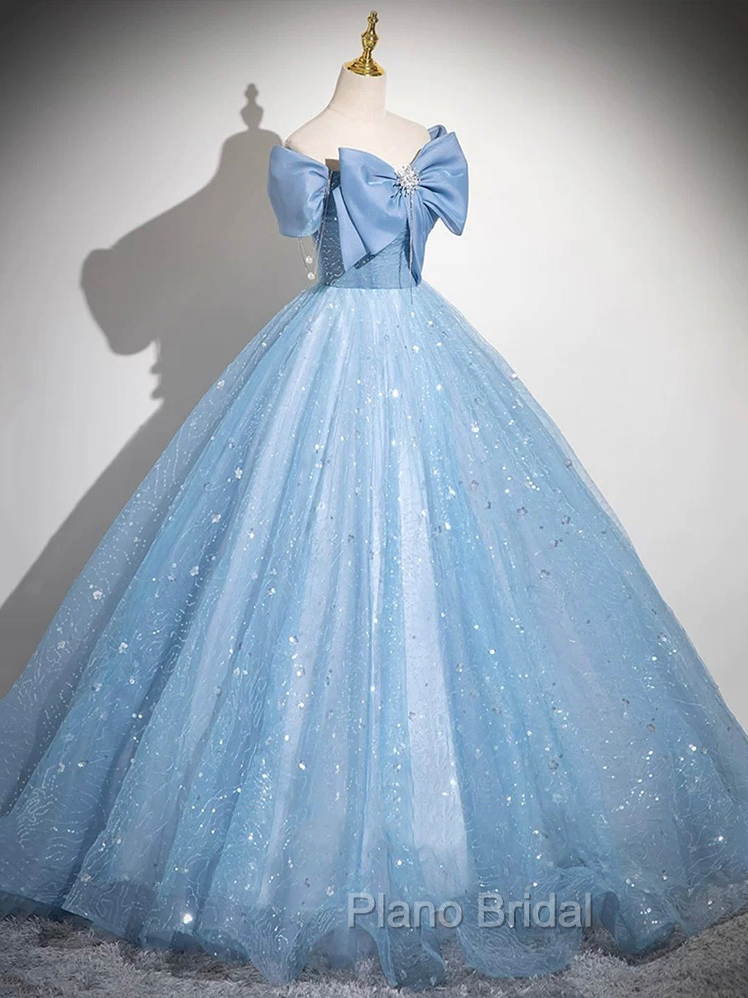 Light Blue Tulle Sequins Long Formal Prom Dresses, A-Line Off Shoulder Evening Dresses