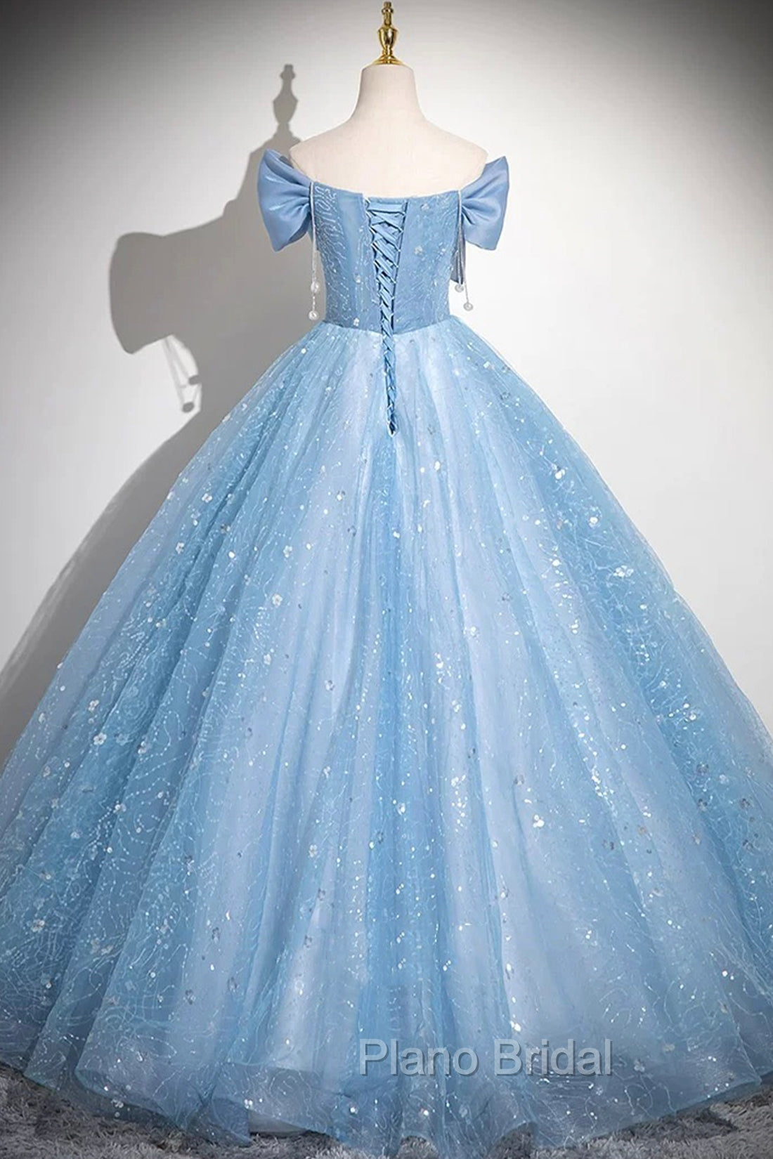 Light Blue Tulle Sequins Long Formal Prom Dresses, A-Line Off Shoulder Evening Dresses