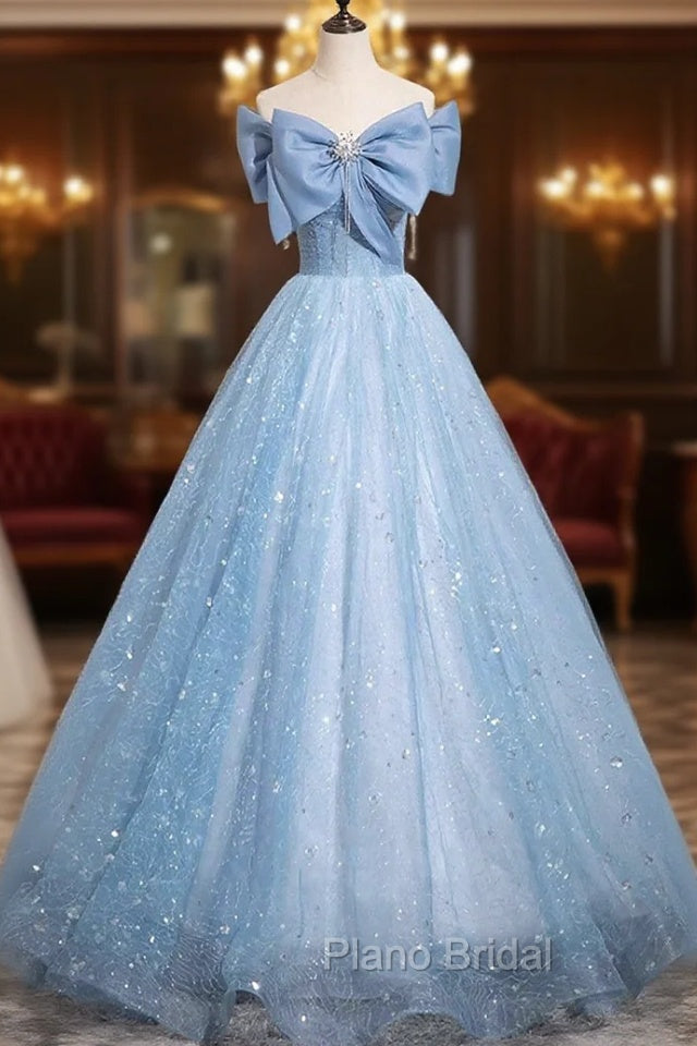 Light Blue Tulle Sequins Long Formal Prom Dresses, A-Line Off Shoulder Evening Dresses Main image