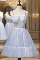 Light Blue Tulle Sweetheart Straps Party Dresses, Light Blue Homecoming Dresses