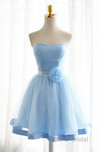 Light Blue Tulle Sweetheart With Bow Cute Party Dresses, Blue Short Homecoming Dresses Formal Prom Dresses