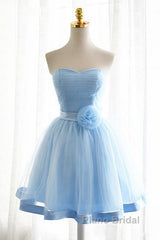 Light Blue Tulle Sweetheart With Bow Cute Party Dresses, Blue Short Homecoming Dresses Formal Prom Dresses