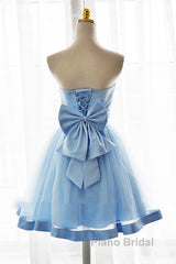 Light Blue Tulle Sweetheart With Bow Cute Party Dresses, Blue Short Homecoming Dresses Formal Prom Dresses