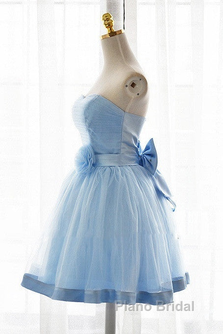 Light Blue Tulle Sweetheart With Bow Cute Party Dresses, Blue Short Homecoming Dresses Formal Prom Dresses