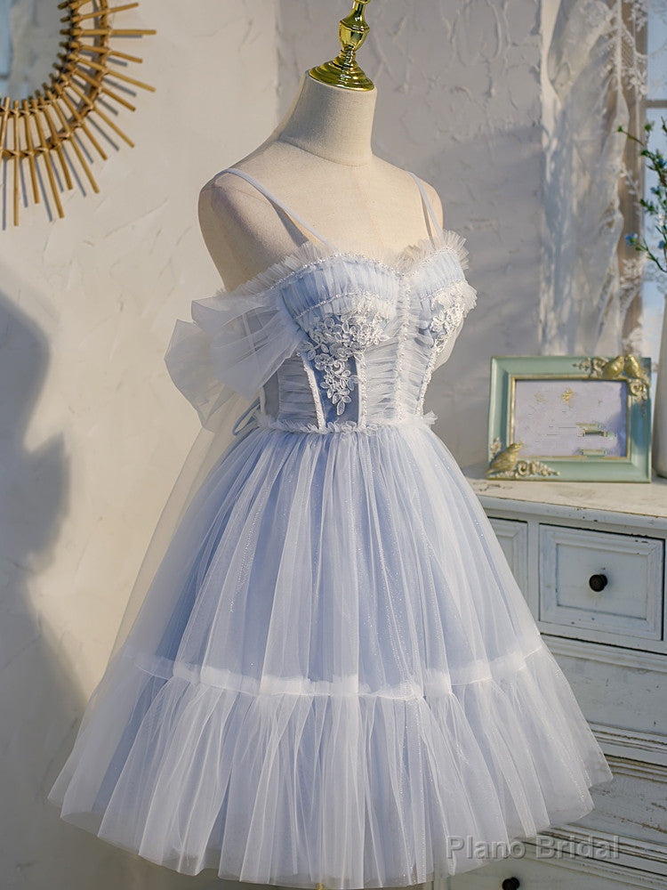 Light Blue Tulle with Beaded Short Homecoming Dresses, Blue Short Prom Dresses Main image