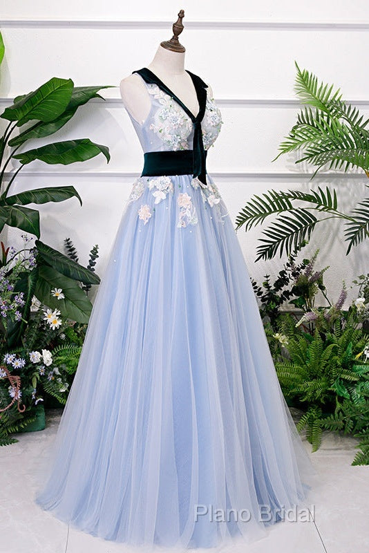 Light Blue Tulle With Flowers Lace Long Formal Dresses Formal Prom Dresses, A-Line Party Dresses Secondary image