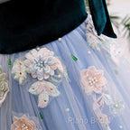 Light Blue Tulle With Flowers Lace Long Formal Dresses Formal Prom Dresses, A-Line Party Dresses