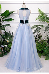 Light Blue Tulle With Flowers Lace Long Formal Dresses Formal Prom Dresses, A-Line Party Dresses