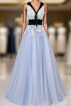Light Blue Tulle With Flowers Lace Long Formal Dresses Formal Prom Dresses, A-Line Party Dresses