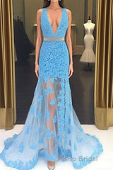 Light Blue V Neck Mermaid Lace Applique Long Formal Prom Dresses, Lace Blue Formal Dresses, Evening Dresses