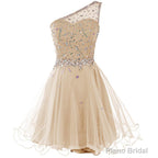 Light Champagne Beaded One Shoulder Chic Homecoming Dresses, Short Party Dress Prom Dresses