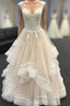 Light champagne lace tulle long wedding dress, lace evening dress