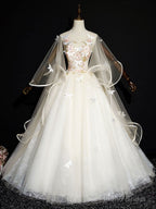 Light Champagne Long Prom Dresses, Champagne Tulle Formal Gown Sweet 16 Dresses