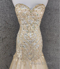 Light Champagne Mermaid Sweetheart Neck Beaded Tulle Long Ball Dresses Vintage Evening Dresses
