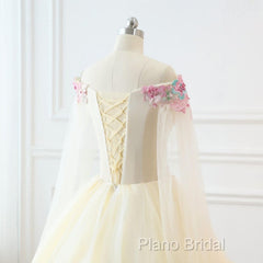 Light Champagne Off Shoulder Tulle With Flowers Formal Gown, Long Sweet 16 Dresses