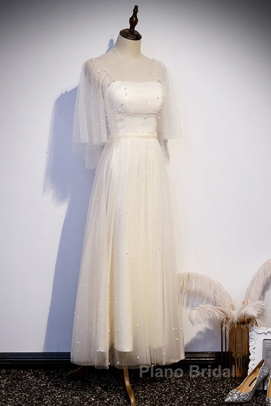 Light Champagne Short Sleeves Long Wedding Party Dresses, Cute Formal Prom Dresses Secondary image